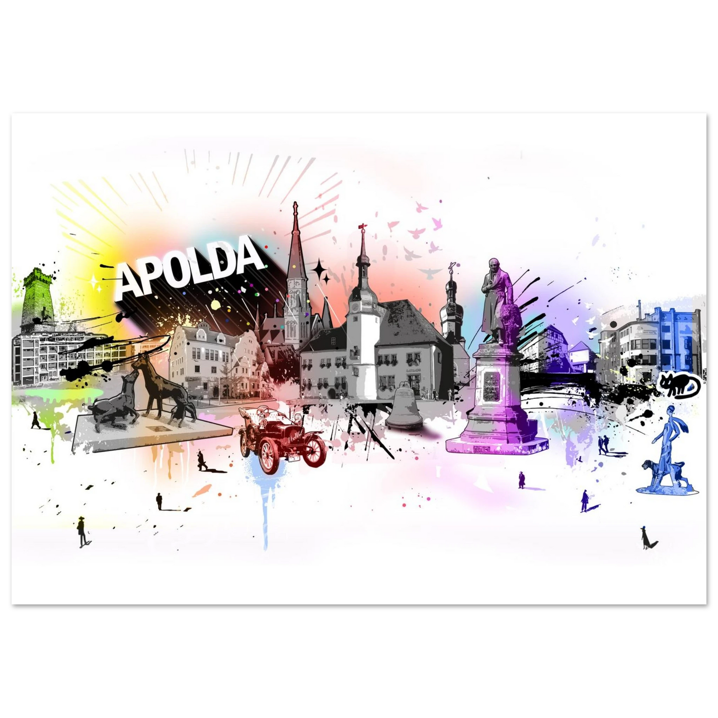 Bunte Skyline von Apolda im künstlerischen Stil mit ikonischen Gebäuden, Denkmälern und Elementen der Stadtgeschichte. Farbverläufe und kreative Effekte betonen Sehenswürdigkeiten wie den Glockenturm, das Rathaus und das Denkmal von Christian Zimmermann. Der Schriftzug „Apolda“ steht prominent auf der linken Seite.