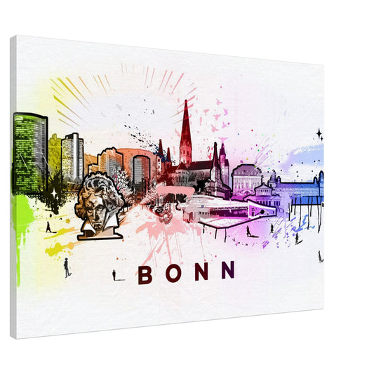 Leinwanddruck mit einer künstlerisch gestalteten Skyline von Bonn. Die Collage zeigt bekannte Gebäude und Wahrzeichen der Stadt in einem farbenfrohen Aquarellstil mit Farbverläufen von Grün über Orange und Rot bis Blau. Zentral im Bild befindet sich ein Beethoven-Büste, links moderne Hochhäuser, mittig der Bonner Münster mit rotem Kirchturm, rechts klassische Gebäude und die Rheinpromenade. Unter der Grafik steht in klarer Schrift das Wort "BONN".