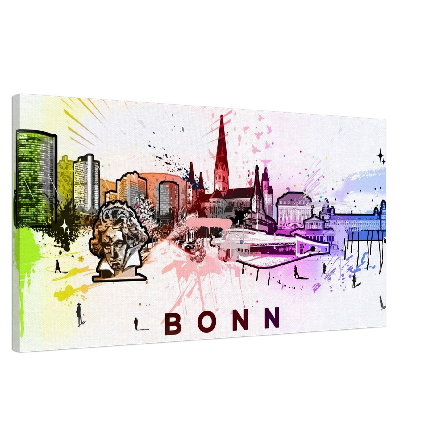 Leinwanddruck mit einer künstlerisch gestalteten Skyline von Bonn. Die Collage zeigt bekannte Gebäude und Wahrzeichen der Stadt in einem farbenfrohen Aquarellstil mit Farbverläufen von Grün über Orange und Rot bis Blau. Zentral im Bild befindet sich ein Beethoven-Büste, links moderne Hochhäuser, mittig der Bonner Münster mit rotem Kirchturm, rechts klassische Gebäude und die Rheinpromenade. Unter der Grafik steht in klarer Schrift das Wort "BONN"