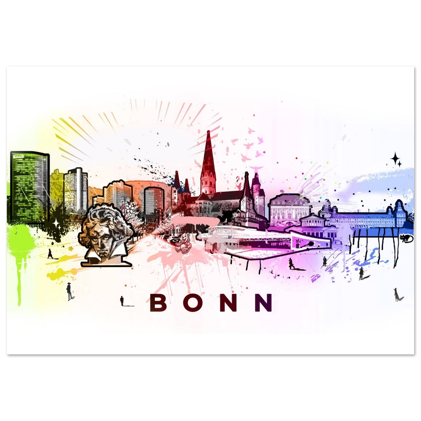 Farbenfrohes Poster mit der stilisierten Silhouette der Skyline von Bonn. Die Illustration zeigt ikonische Bauwerke wie den Bonner Münster, moderne Hochhäuser, das Alte Rathaus und die Rheinpromenade in einem lebendigen Aquarellstil. Im Vordergrund hebt sich die Beethoven-Büste als kulturelles Symbol der Stadt hervor. Die bunte Skyline verläuft von links nach rechts mit fließenden Übergängen und dynamischen Farbspritzern. Darunter steht in klarer Schrift der Schriftzug „BONN“ – ein modernes, künstlerisches