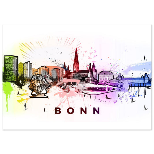 Farbenfrohes Poster mit der stilisierten Silhouette der Skyline von Bonn. Die Illustration zeigt ikonische Bauwerke wie den Bonner Münster, moderne Hochhäuser, das Alte Rathaus und die Rheinpromenade in einem lebendigen Aquarellstil. Im Vordergrund hebt sich die Beethoven-Büste als kulturelles Symbol der Stadt hervor. Die bunte Skyline verläuft von links nach rechts mit fließenden Übergängen und dynamischen Farbspritzern. Darunter steht in klarer Schrift der Schriftzug „BONN“ – ein modernes, künstlerisches