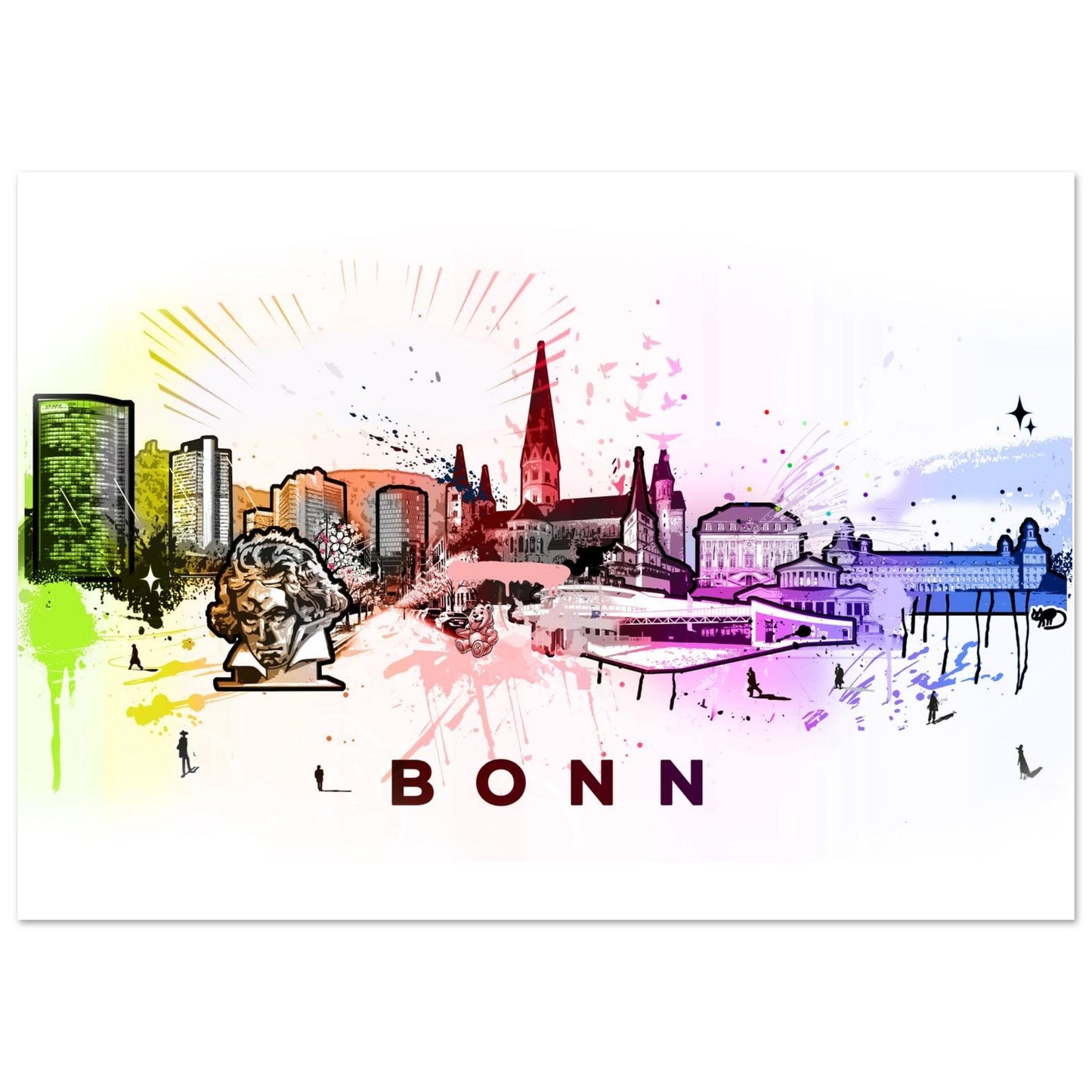 Farbenfrohes Poster mit der stilisierten Silhouette der Skyline von Bonn. Die Illustration zeigt ikonische Bauwerke wie den Bonner Münster, moderne Hochhäuser, das Alte Rathaus und die Rheinpromenade in einem lebendigen Aquarellstil. Im Vordergrund hebt sich die Beethoven-Büste als kulturelles Symbol der Stadt hervor. Die bunte Skyline verläuft von links nach rechts mit fließenden Übergängen und dynamischen Farbspritzern. Darunter steht in klarer Schrift der Schriftzug „BONN“ – ein modernes, künstlerisches