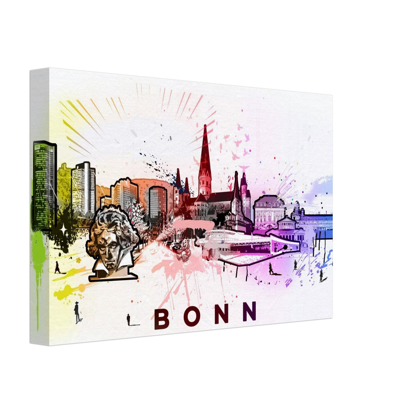Moderner Leinwanddruck mit der farbenfrohen Silhouette der Skyline von Bonn. Die Komposition vereint stilisierte Umrisse markanter Bauwerke, darunter der Bonner Münster, das Alte Rathaus und moderne Hochhäuser, in einem dynamischen Mix aus Aquarellfarben. Die Beethoven-Büste im Vordergrund symbolisiert das kulturelle Erbe der Stadt. Die Skyline erstreckt sich harmonisch von links nach rechts mit fließenden Übergängen zwischen urbaner Architektur und historischen Wahrzeichen.