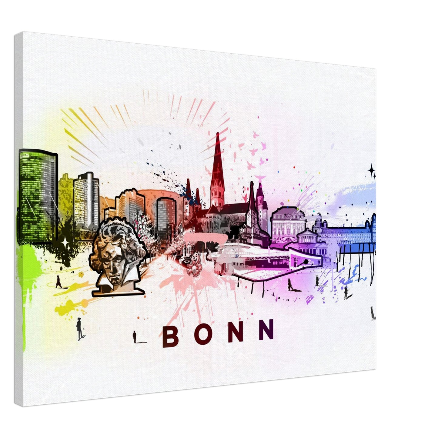 Moderner Leinwanddruck mit der farbenfrohen Silhouette der Skyline von Bonn. Die Komposition vereint stilisierte Umrisse markanter Bauwerke, darunter der Bonner Münster, das Alte Rathaus und moderne Hochhäuser, in einem dynamischen Mix aus Aquarellfarben. Die Beethoven-Büste im Vordergrund symbolisiert das kulturelle Erbe der Stadt. Die Skyline erstreckt sich harmonisch von links nach rechts mit fließenden Übergängen zwischen urbaner Architektur und historischen Wahrzeichen.