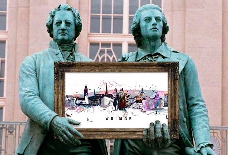 Weimar-Skyline mit Goethe und Schiller im Heimatkiosk-Stil